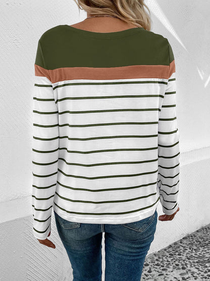 Round Neck Long Sleeve Striped Top
