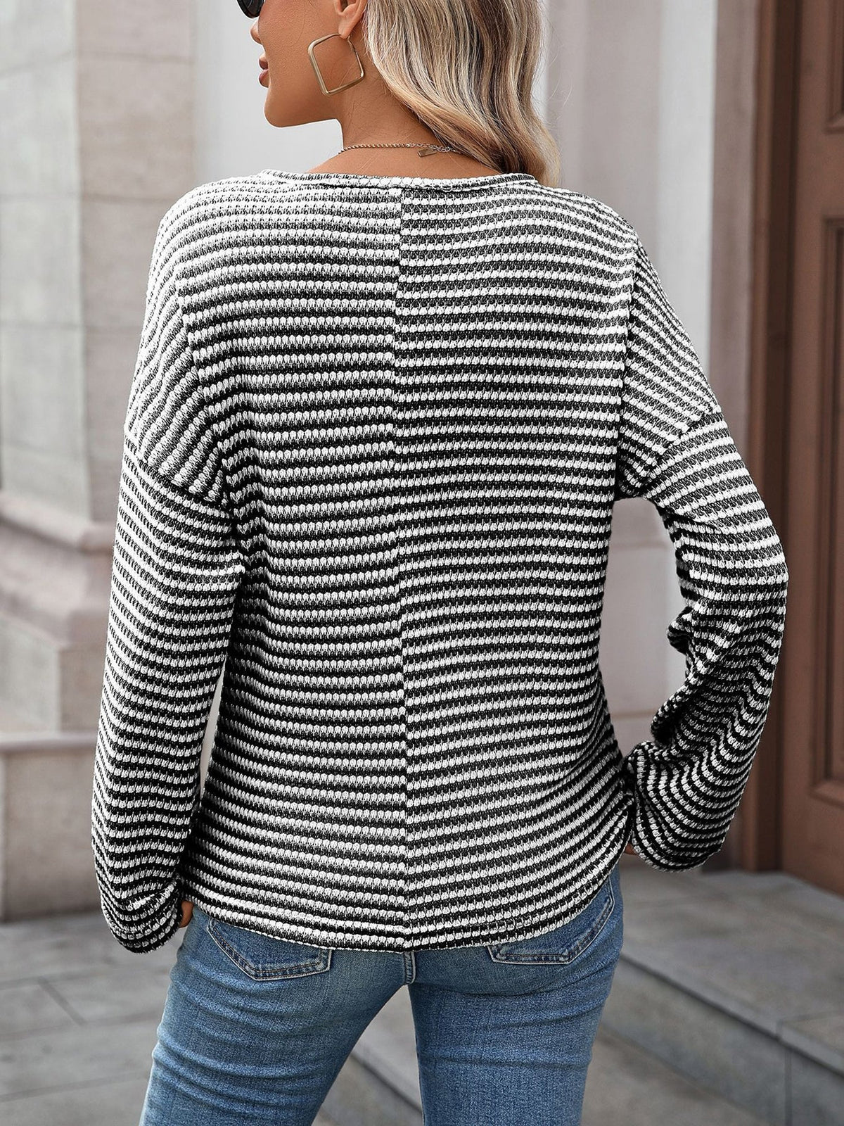 Notch Neck Textured Waffle Knit Long Sleeves Top