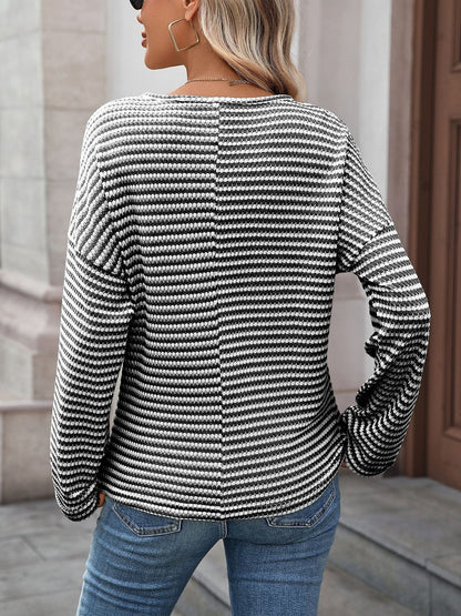 Notch Neck Textured Waffle Knit Long Sleeves Top
