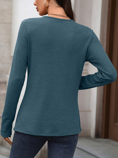 Solid Color Button Long Sleeve Textured Casual Blouse