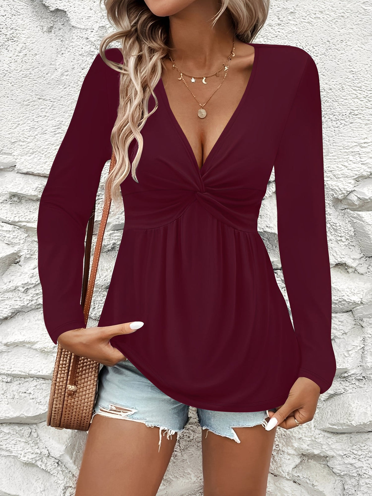 Twisted Ruched Solid Color Long Sleeve V Neck Blouse