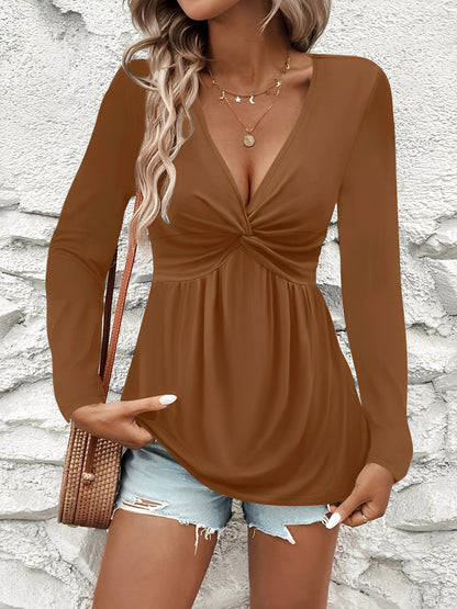 Twisted Ruched Solid Color Long Sleeve V Neck Blouse