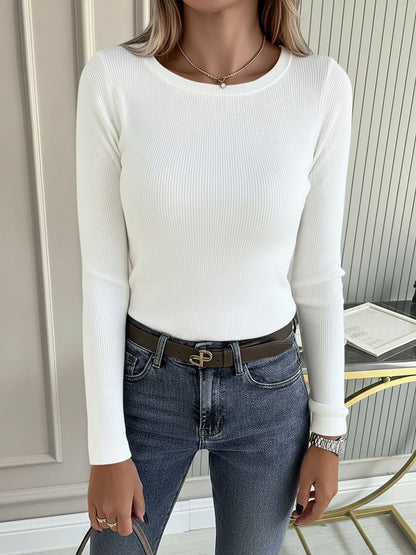 2 Pieces Long Sleeve Stretch Crew Neck Ribbed Top