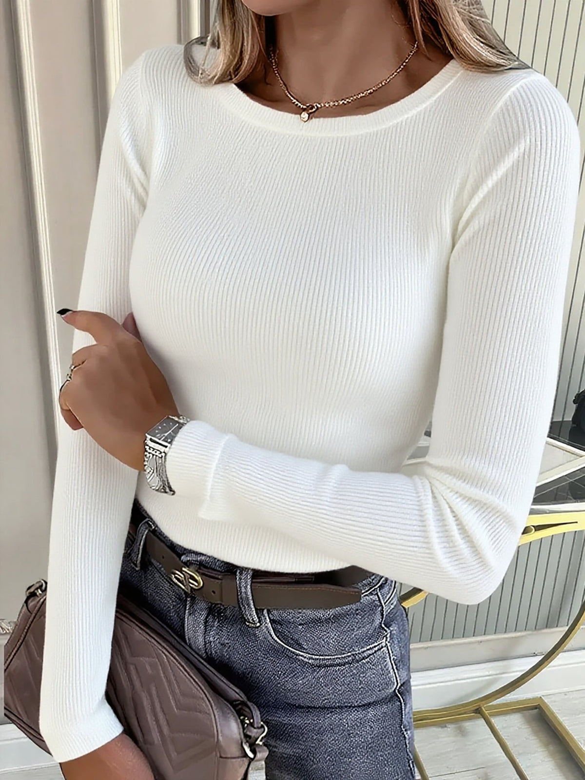 2 Pieces Long Sleeve Stretch Crew Neck Ribbed Top