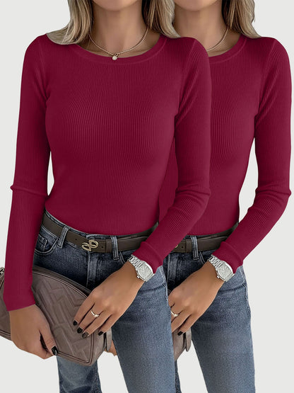 2 Pieces Long Sleeve Stretch Crew Neck Ribbed Top