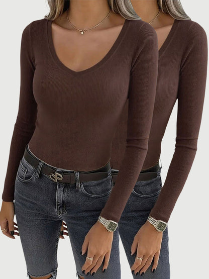 2 Pieces Slim-Fit Long Sleeve V-Neck Casual Ribbed Top
