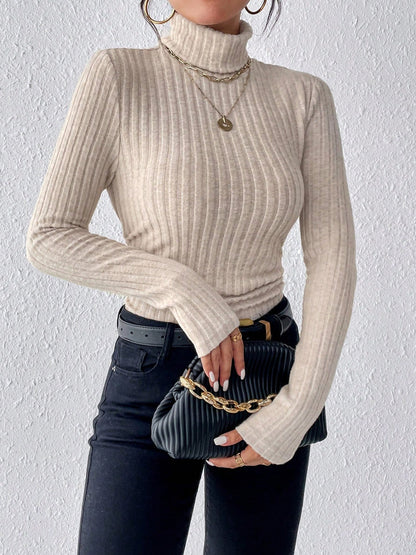 Turtleneck Long Sleeve Brushed Ribbed Knit Top