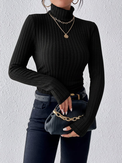 Turtleneck Long Sleeve Brushed Ribbed Knit Top