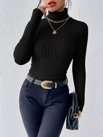 Turtleneck Long Sleeve Brushed Ribbed Knit Top