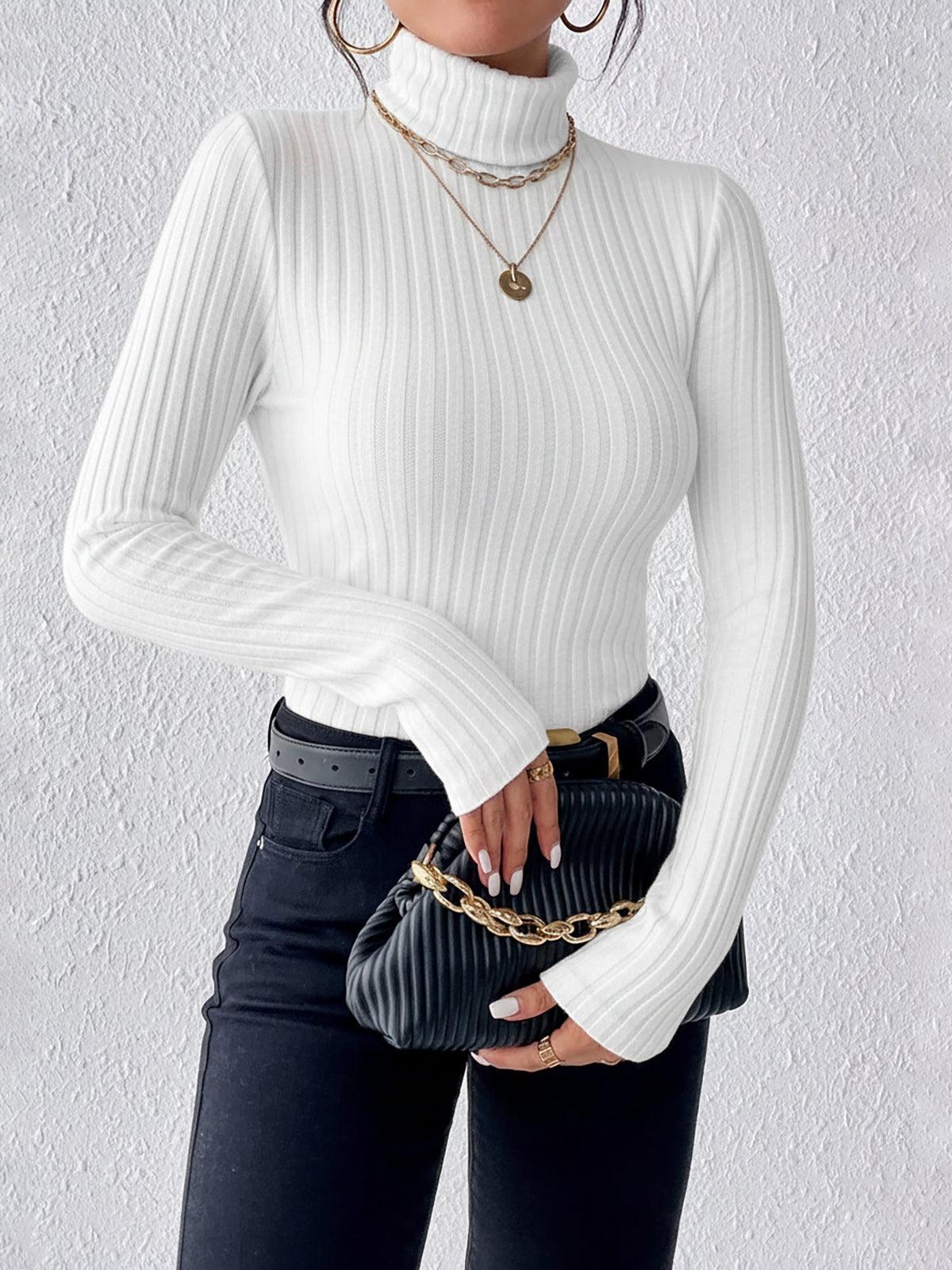 Turtleneck Long Sleeve Brushed Ribbed Knit Top