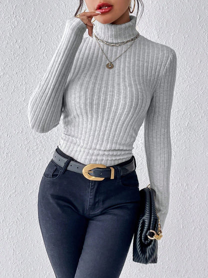 Turtleneck Long Sleeve Brushed Ribbed Knit Top