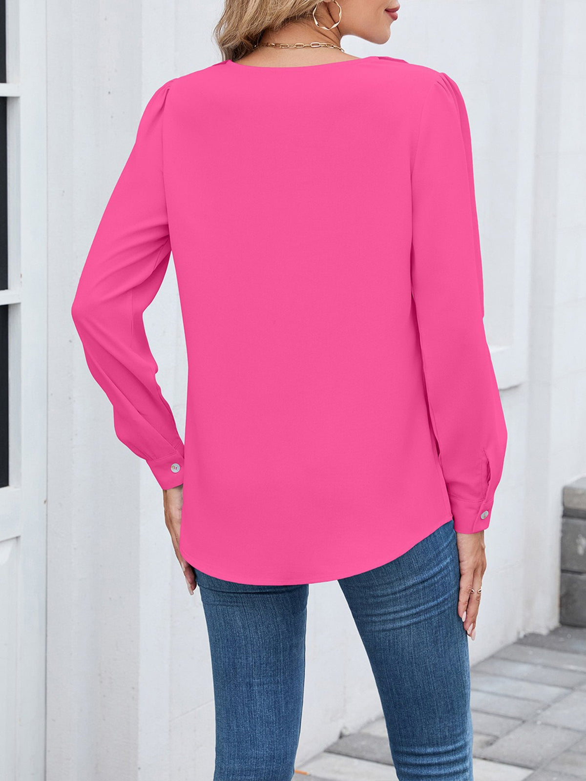 Long Sleeve V Neck Ruffled Chiffon Blouse