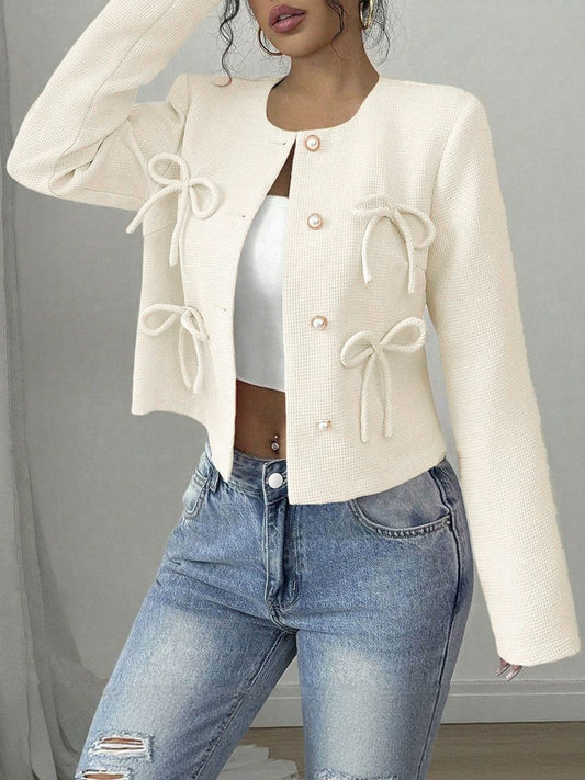 Collarless Long Sleeves Bow Decor Cropped Jacket