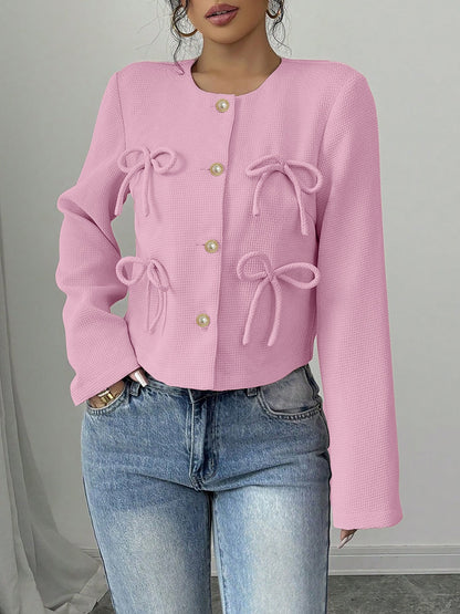 Collarless Long Sleeves Bow Decor Cropped Jacket