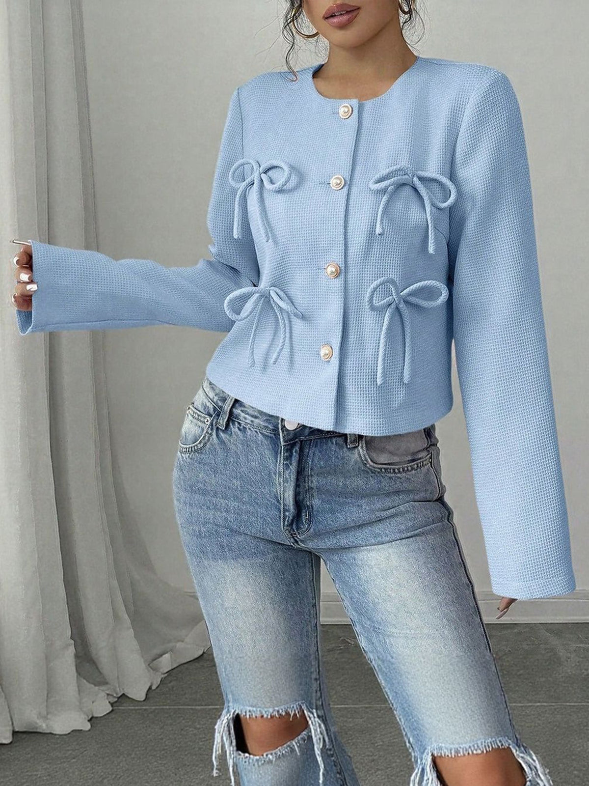 Collarless Long Sleeves Bow Decor Cropped Jacket