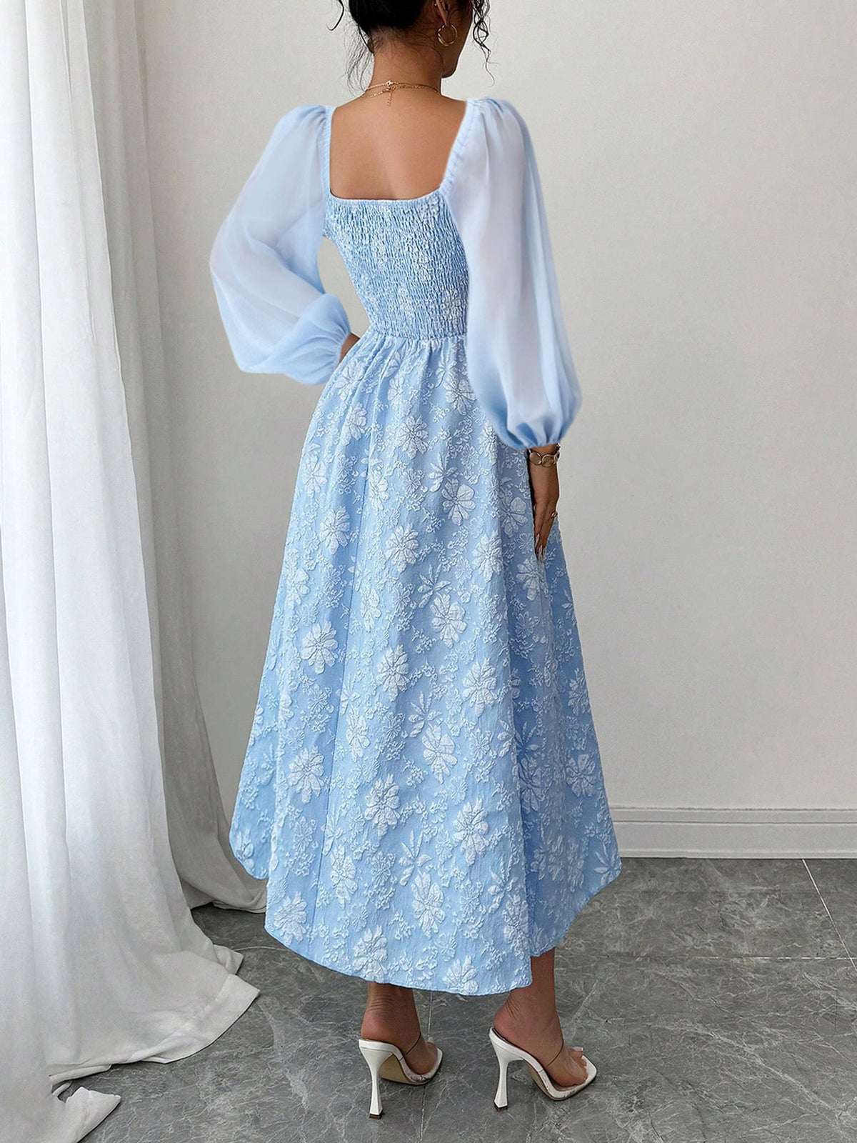 Floral Jacquard Chiffon Puff Sleeves Smocked Back A-Line Dress