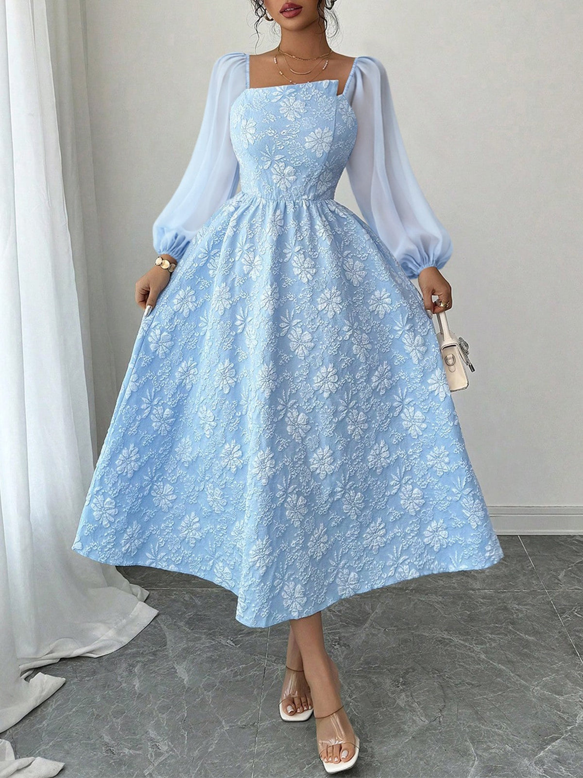 Floral Jacquard Chiffon Puff Sleeves Smocked Back A-Line Dress