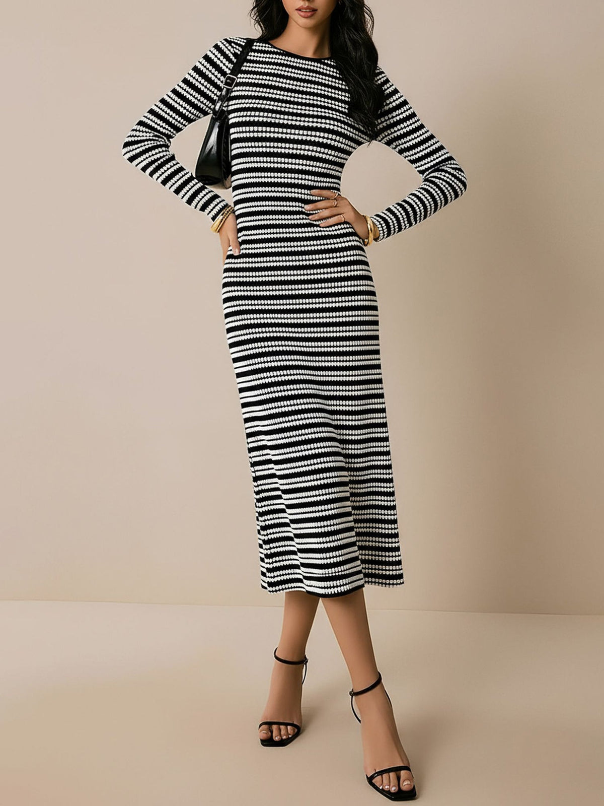 Striped Round Neck Thick Knitted Below-the-knee Dress