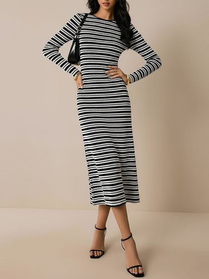 Striped Round Neck Thick Knitted Below-the-knee Dress