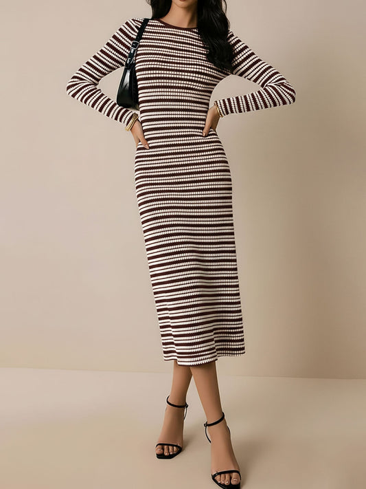 Striped Round Neck Thick Knitted Below-the-knee Dress