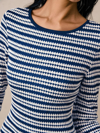 Striped Round Neck Thick Knitted Below-the-knee Dress