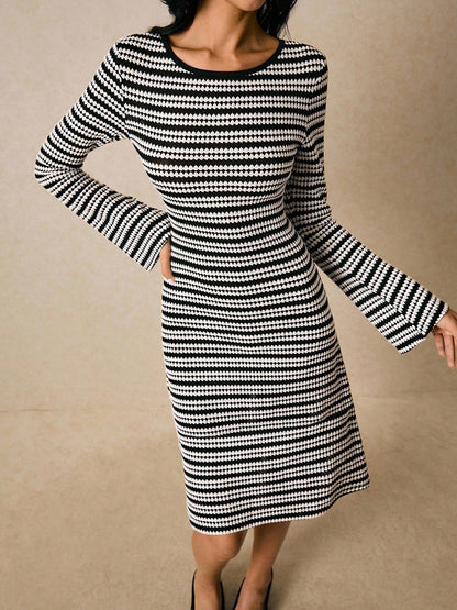 Striped Round Neck Knit Bell Sleeve Midi Dress