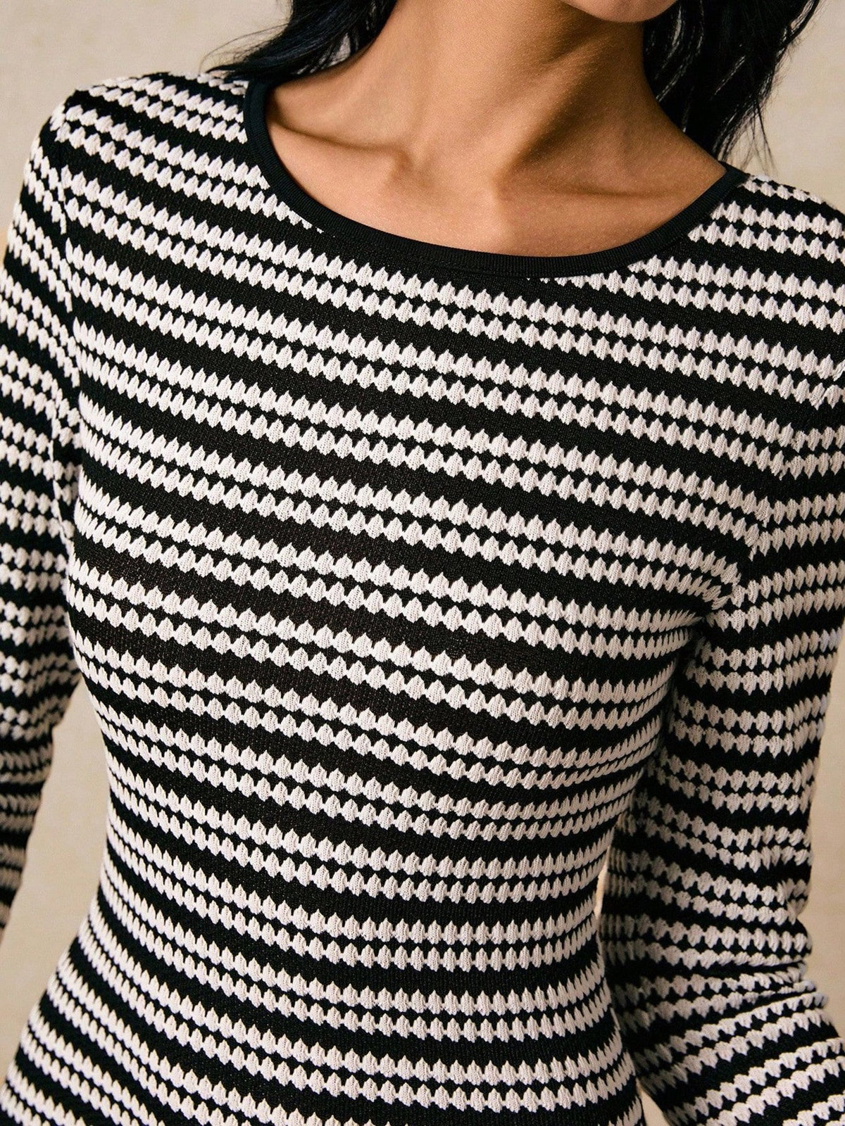 Striped Round Neck Knit Bell Sleeve Midi Dress