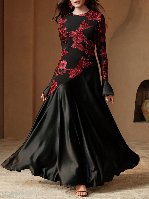 Floral Patchwork Long Sleeve Satin Maxi Evening Dress