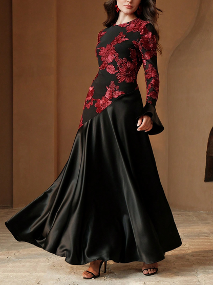 Floral Patchwork Long Sleeve Satin Maxi Evening Dress