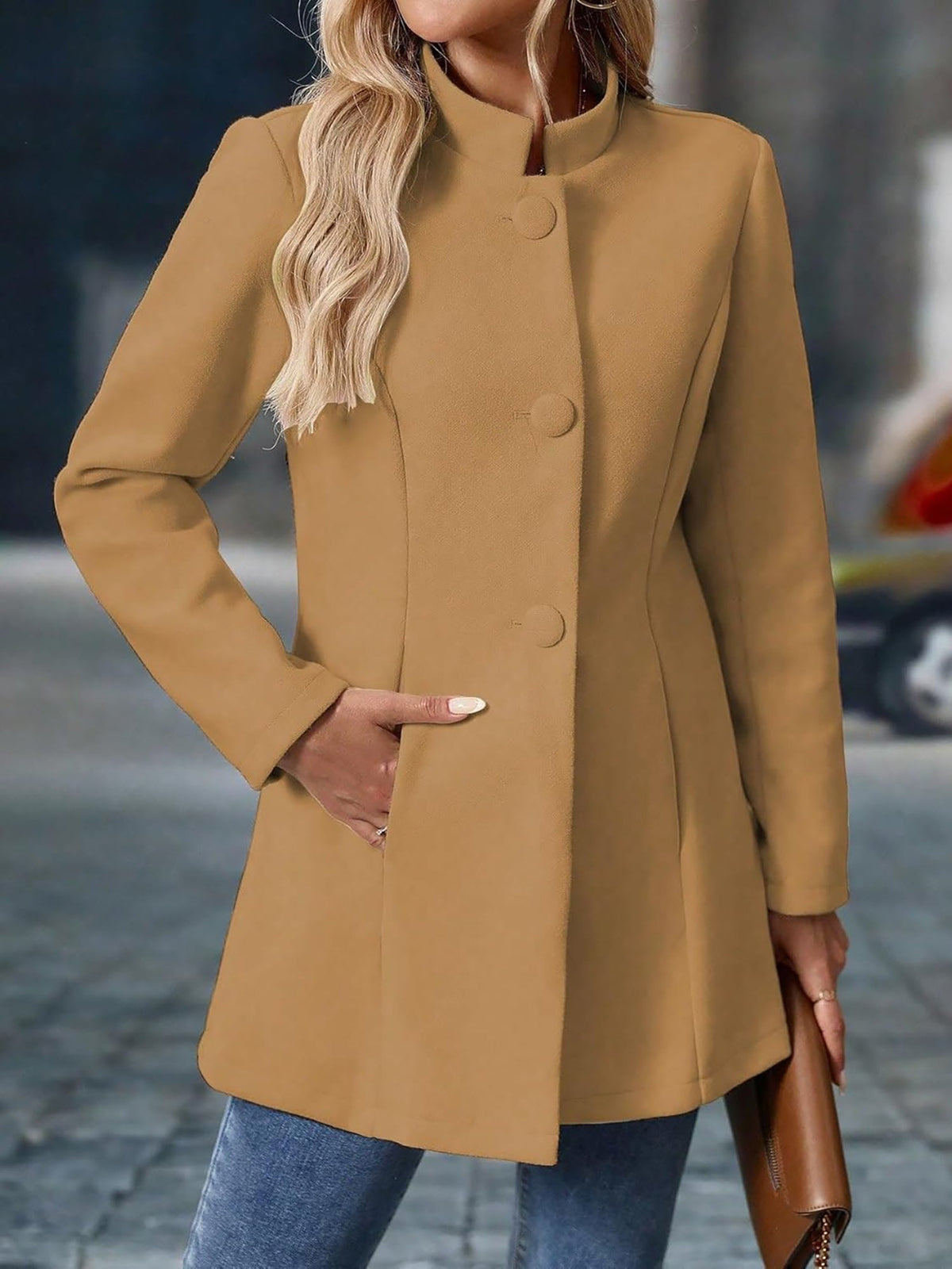 Stand-Up Collar Long Sleeves Fully Lined Pea Coat
