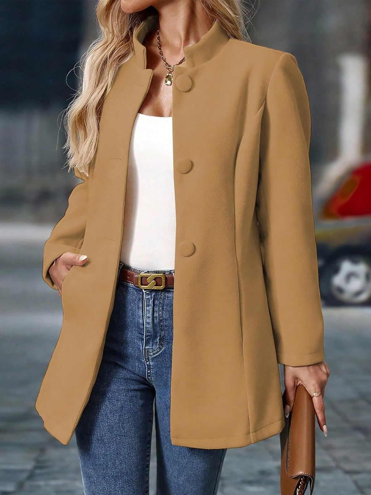 Stand-Up Collar Long Sleeves Fully Lined Pea Coat
