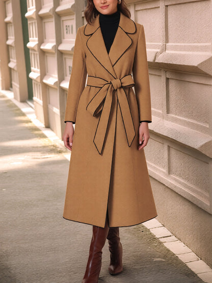 Notched Lapel Long Sleeves Belted Maxi Length Coat