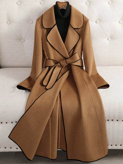 Notched Lapel Long Sleeves Belted Maxi Length Coat
