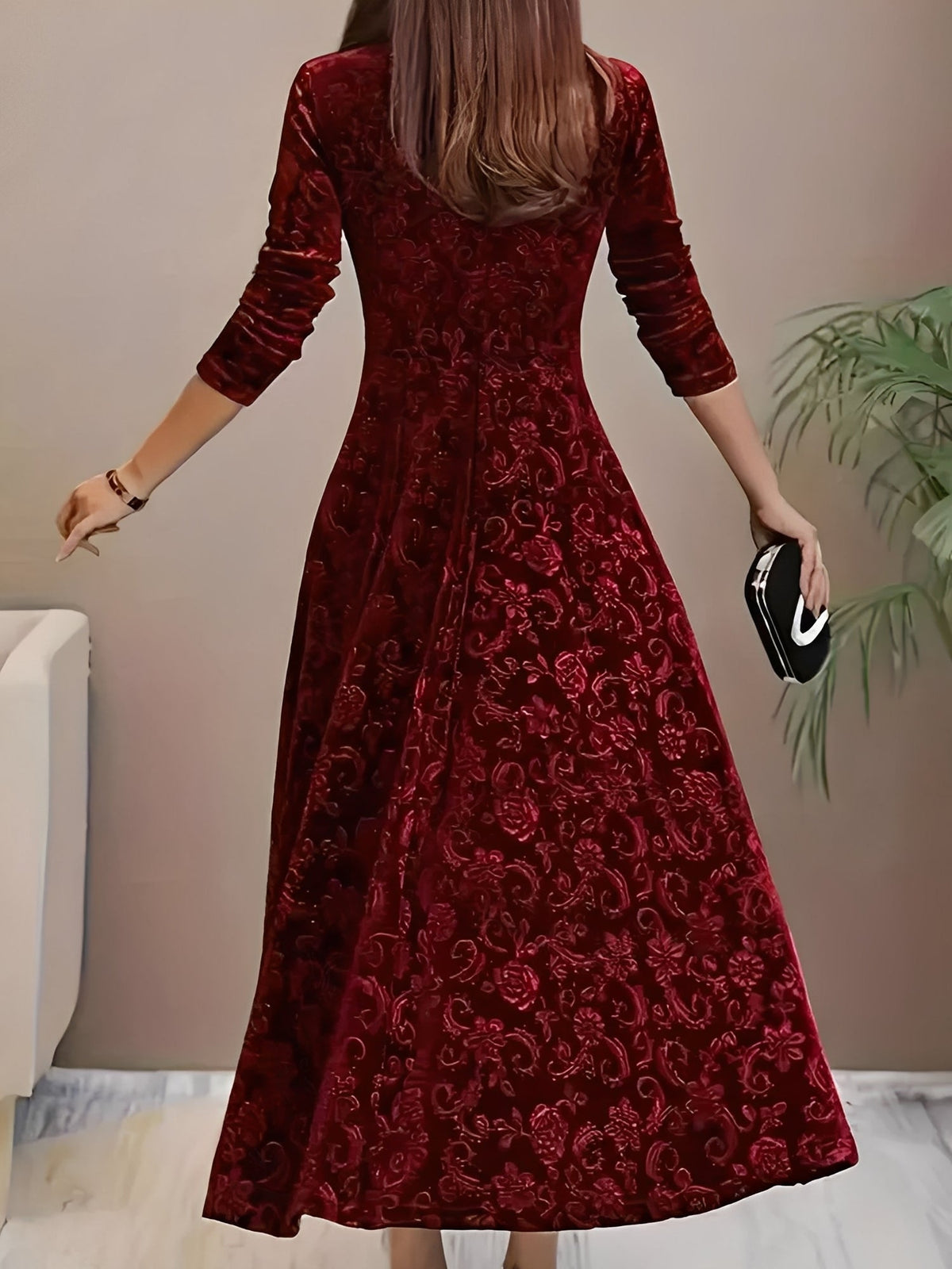 Floral Jacquard Long Sleeve Square Neck Velvet A-Line Dress