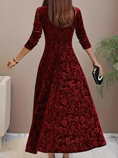Floral Jacquard Long Sleeve Square Neck Velvet A-Line Dress