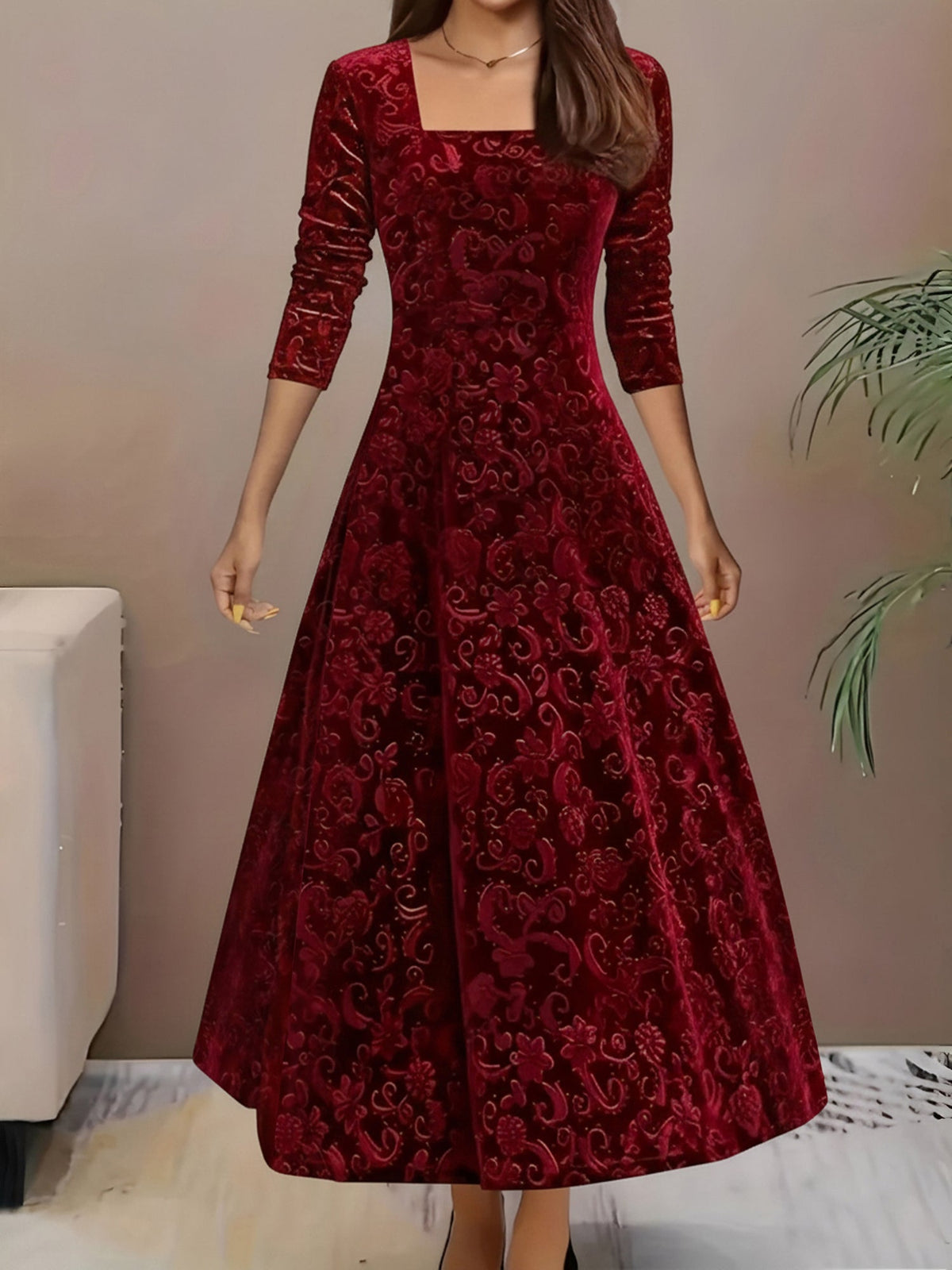 Floral Jacquard Long Sleeve Square Neck Velvet A-Line Dress