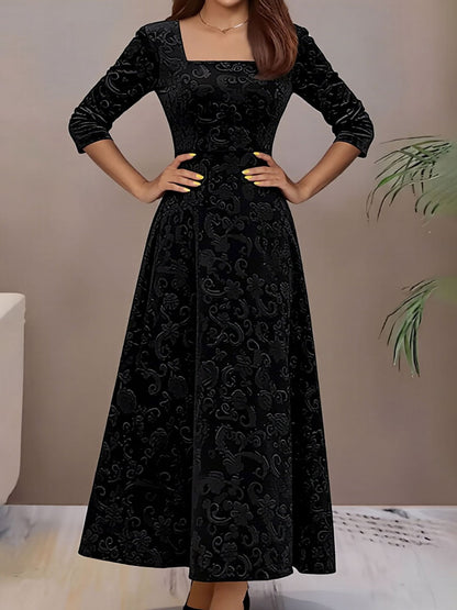 Floral Jacquard Long Sleeve Square Neck Velvet A-Line Dress