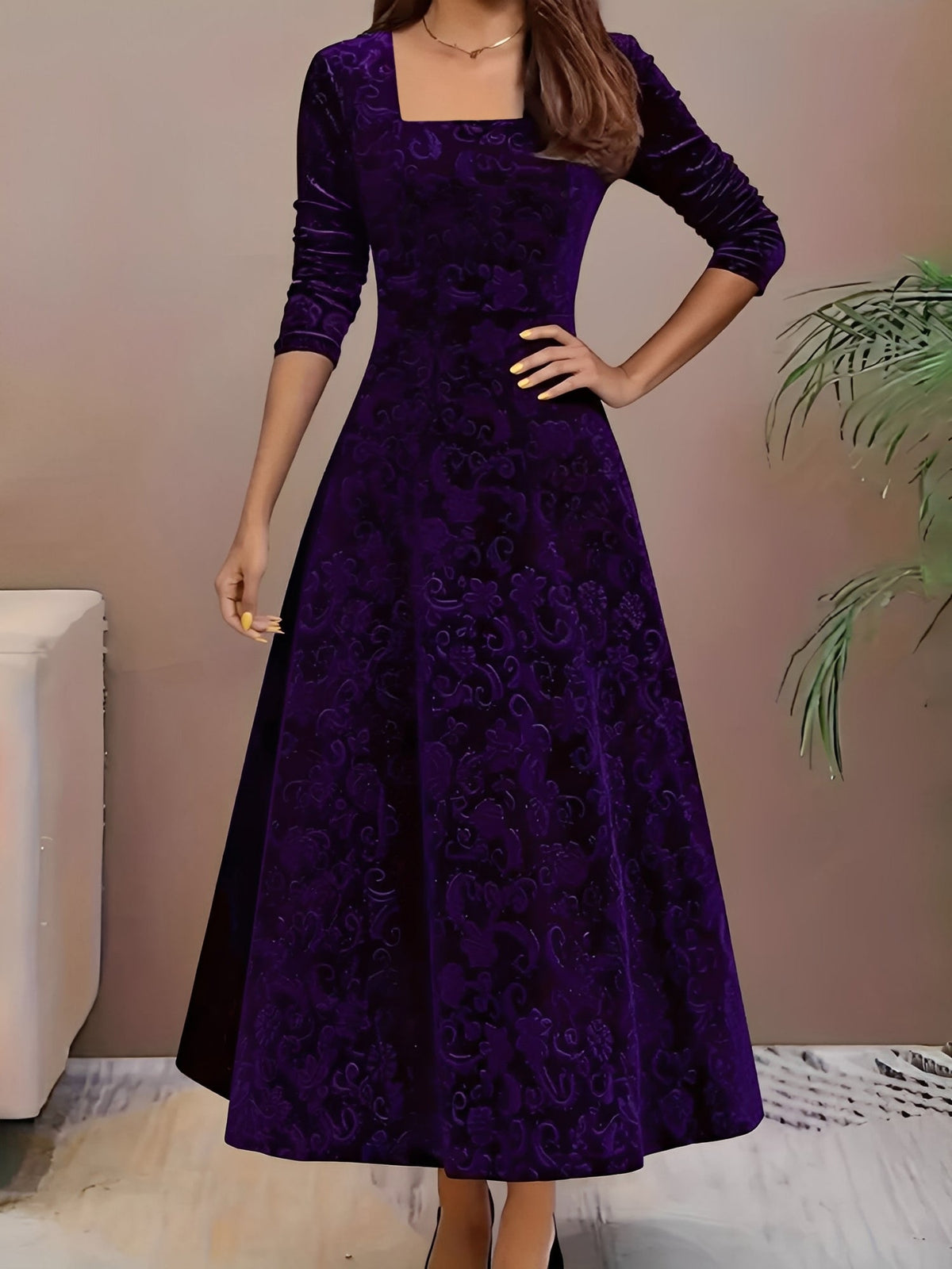 Floral Jacquard Long Sleeve Square Neck Velvet A-Line Dress