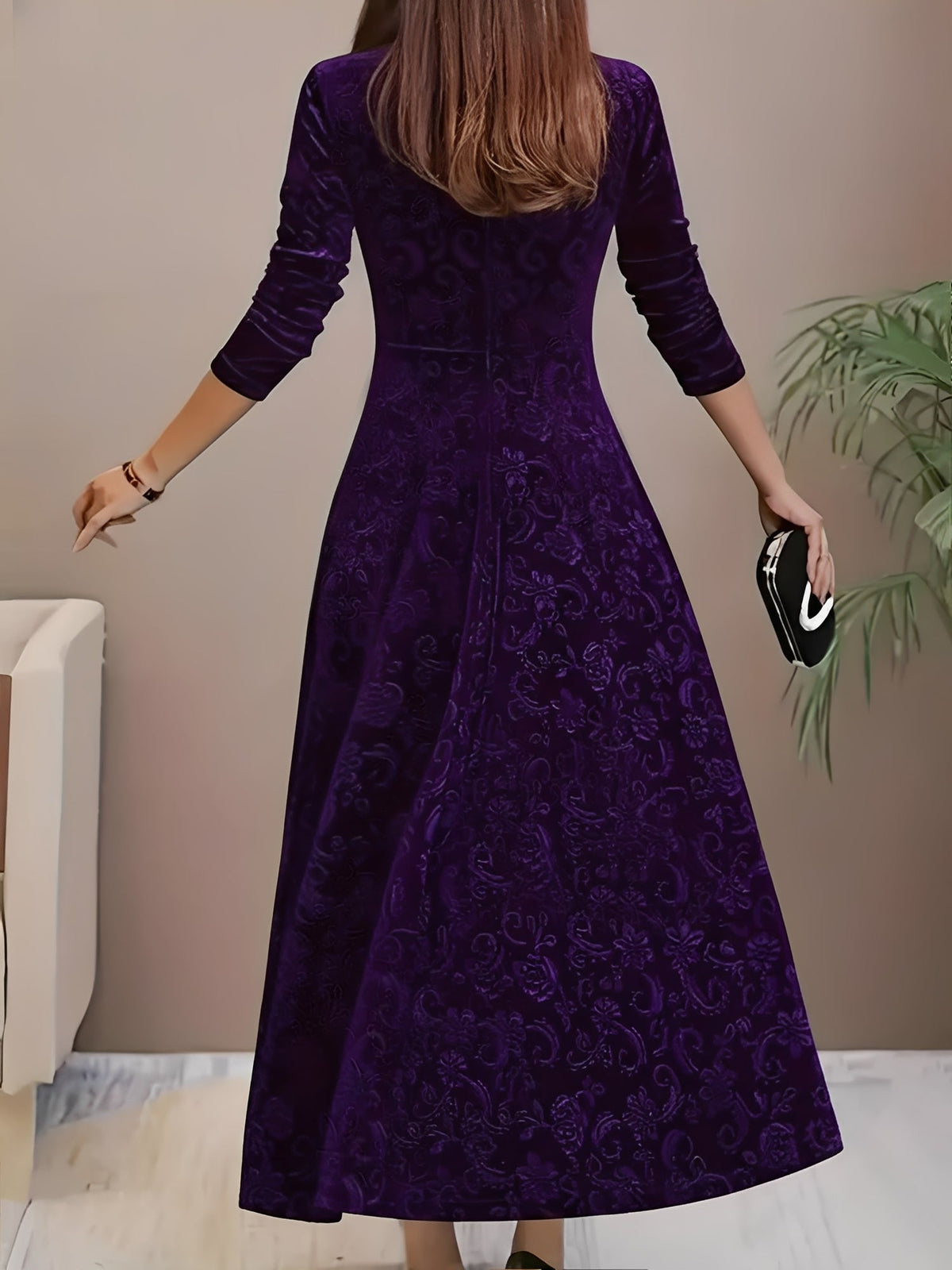 Floral Jacquard Long Sleeve Square Neck Velvet A-Line Dress
