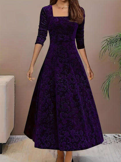 Floral Jacquard Long Sleeve Square Neck Velvet A-Line Dress
