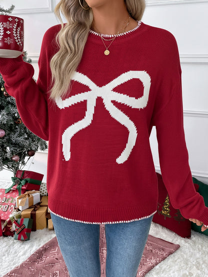 Loose Long Sleeve Round Neck Christmas Bow Sweater