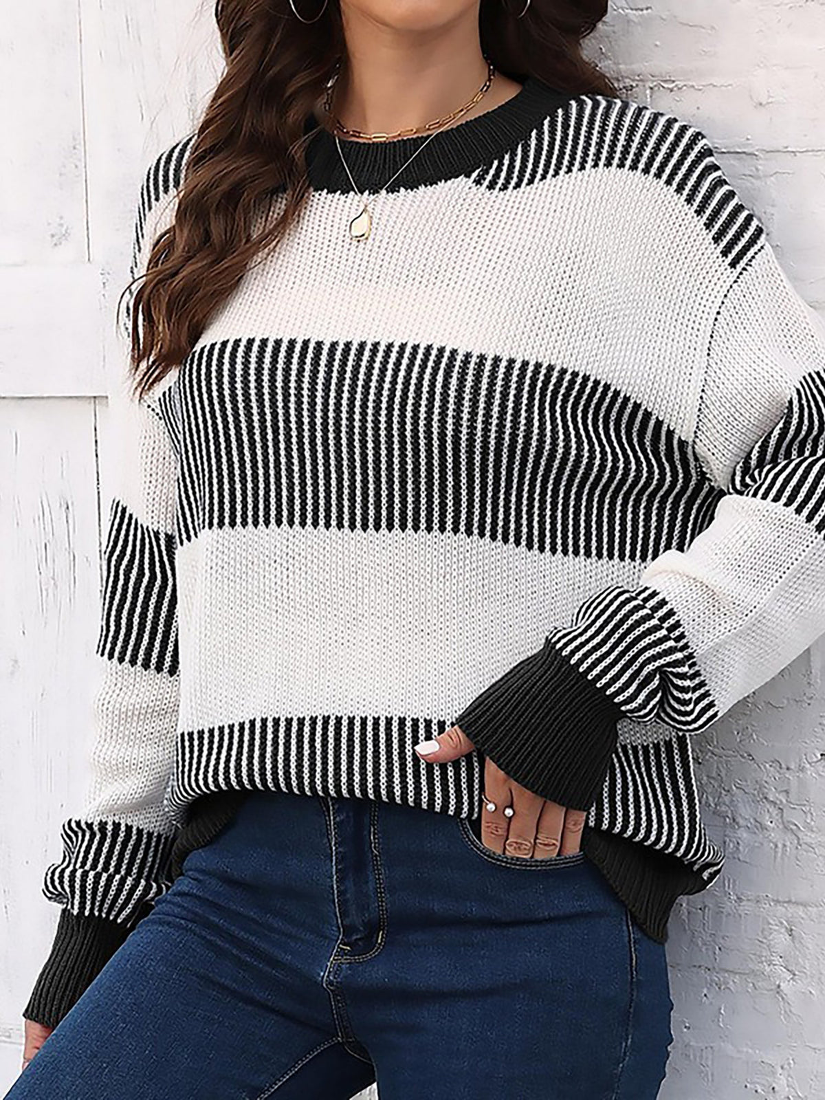 Casual Loose Fit Striped Knitted Pullover Sweater