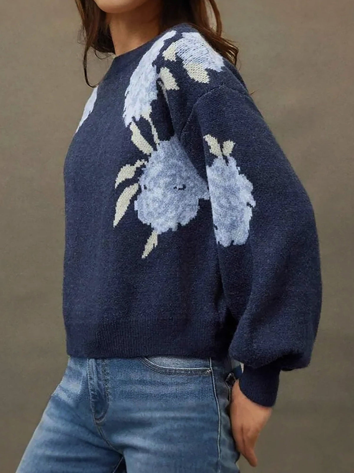 Floral Boat Neck Long Sleeves Pullover Sweater