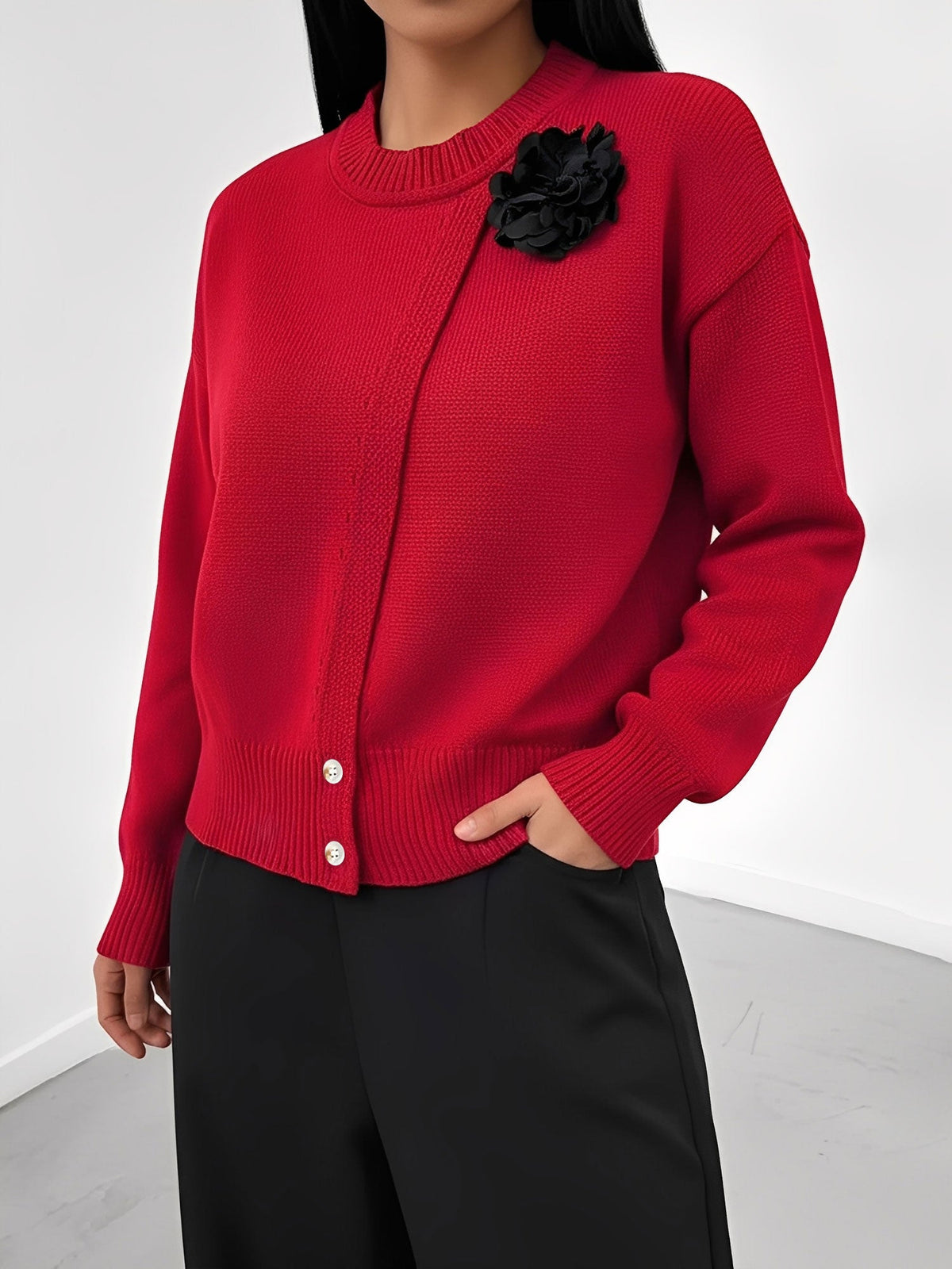 Solid Color Button Front Flower Decor Knitted Sweater
