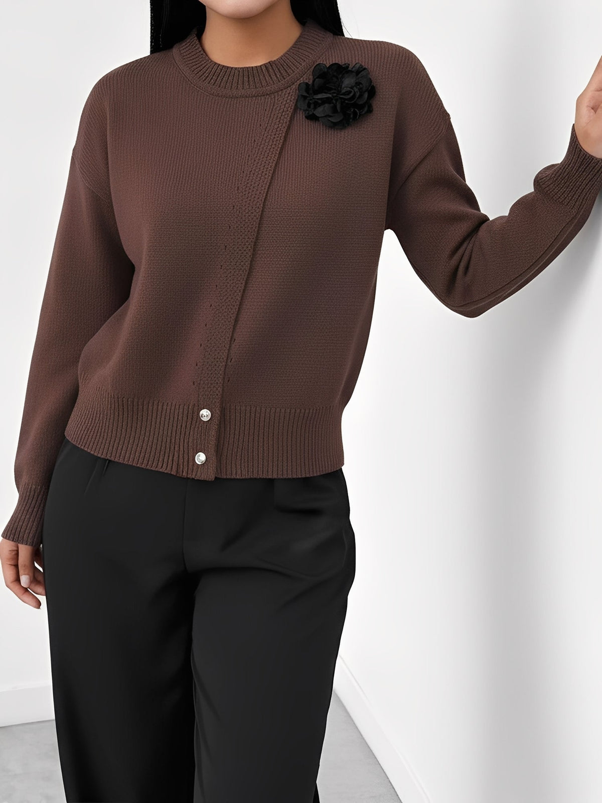 Solid Color Button Front Flower Decor Knitted Sweater