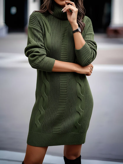 Solid Color Turtleneck Long Sleeve Knitted Sweater Dress