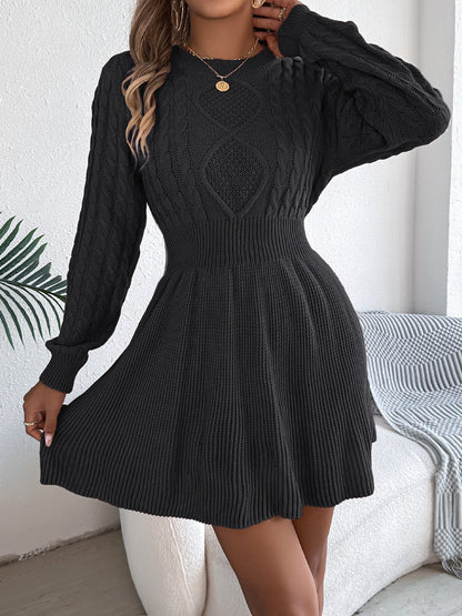 Round Neck Long Sleeves Cable Knit Mini Sweater Dress