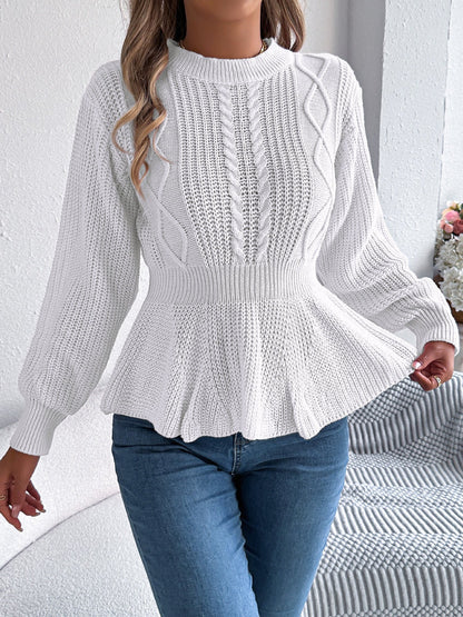 Crew Neck Long Sleeves Cable Knit Peplum Sweater