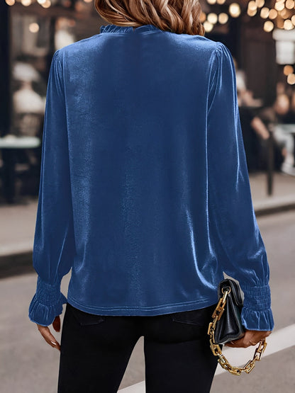 Velvet Ruffled Smocked Puff Sleeves Casual Blouse