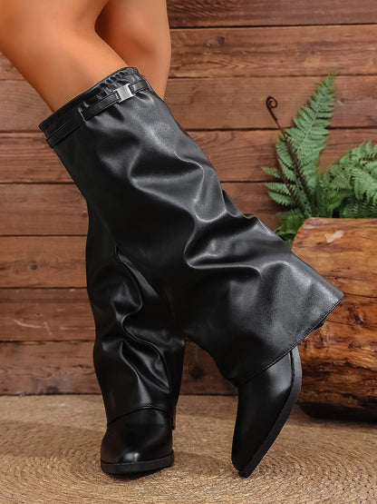 Faux Leather Block Heels Fold Over Knee High Boots
